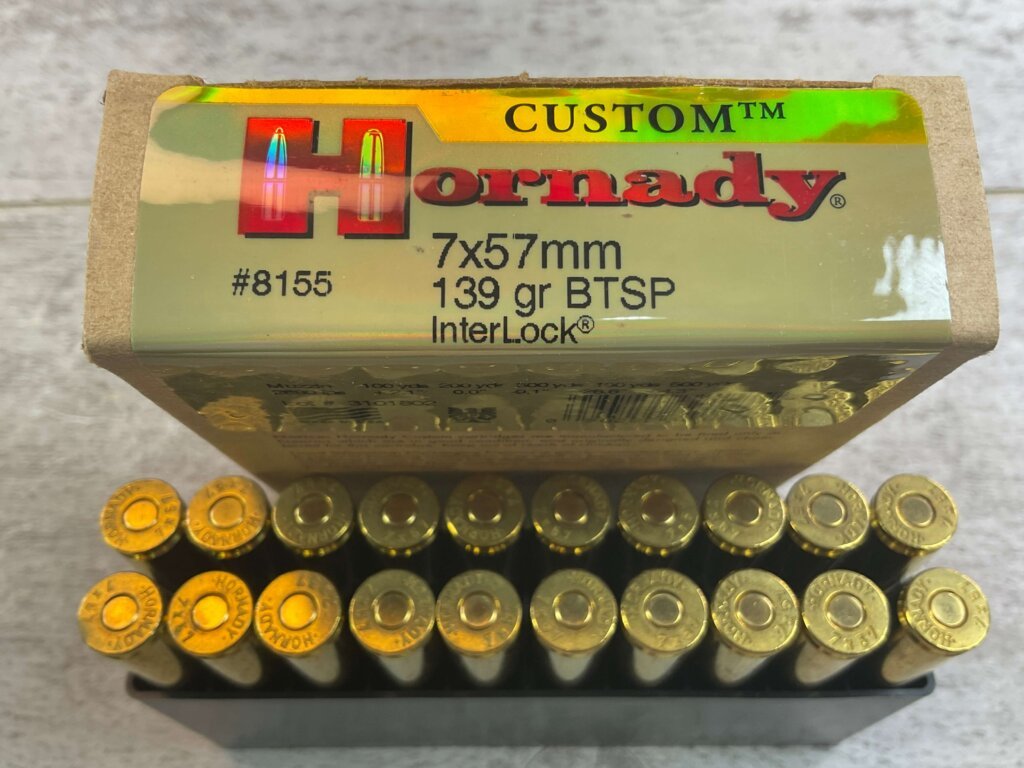 HORNADY CUSTOM 7X57MM, 139 GR. BTSP INTERLOCK AMMO, FULL BOX, JAMES EARL JONES COLLECTION #5-11193-PF