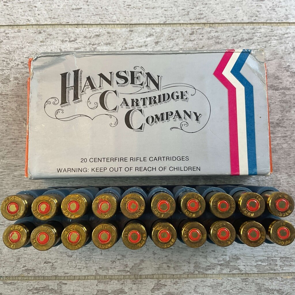 HANSEN CARTRIDGE CO. .308 WINCHESTER (7.62X51 NATO M80), 147 GR. FMJ BOAT TAIL AMMO, FULL BOX, JAMES EARL JONES COLLECTION #5-11213-PF
