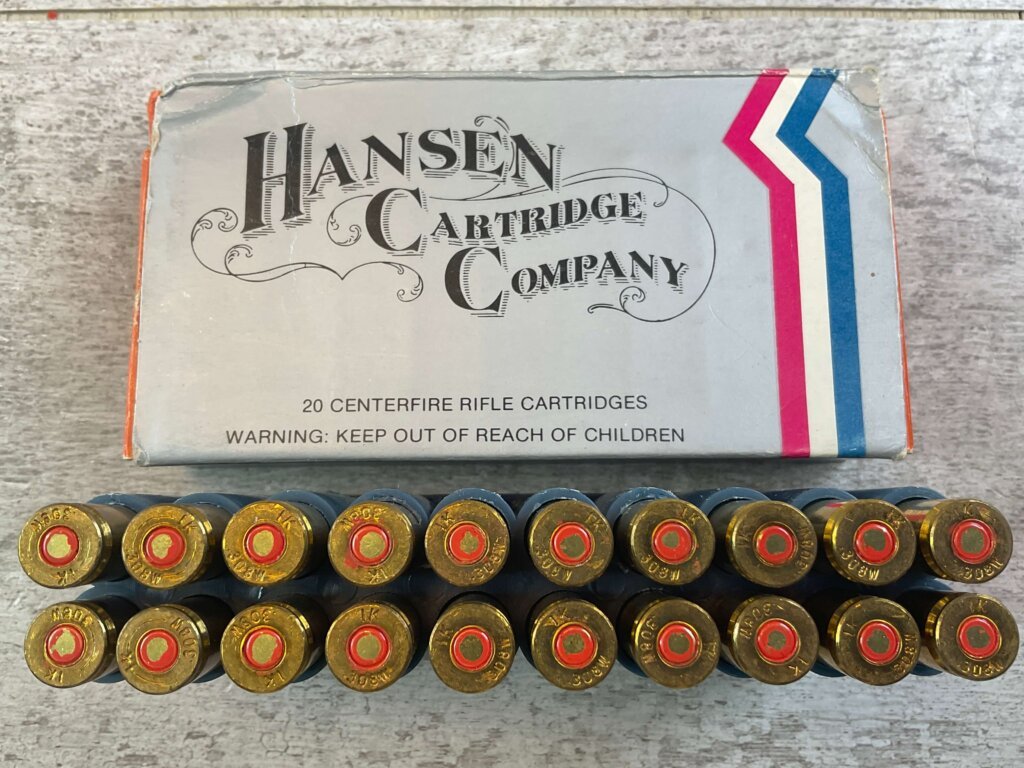 HANSEN CARTRIDGE CO. .308 WINCHESTER (7.62X51 NATO M80), 147 GR. FMJ BOAT TAIL AMMO, FULL BOX, JAMES EARL JONES COLLECTION #5-11213-PF