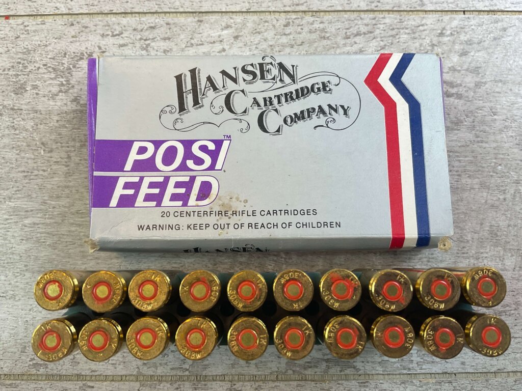 HANSEN CARTRIDGE CO. .308 WINCHESTER (7.62X51), 180 GR. POSI-FEED SP AMMO, FULL BOX, JAMES EARL JONES COLLECTION #5-11214-PF