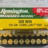 REMINGTON MANAGED-RECOIL 308 WINCHESTER, 125 GR. CORE-LOKT PSP AMMO, FULL BOX, JAMES EARL JONES COLLECTION #5-11215-PF
