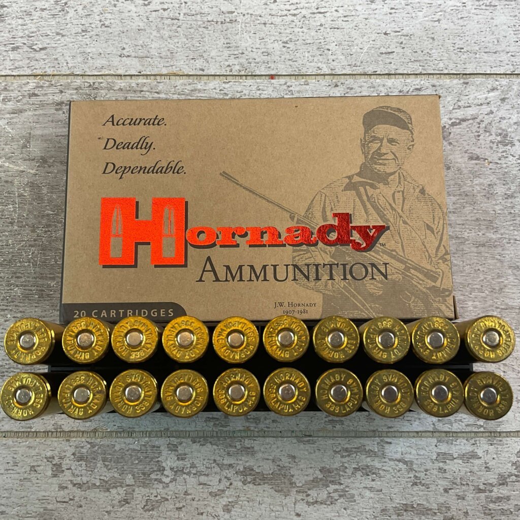 HORNADY CUSTOM 338 LAPUA, 250 GR. BTHP AMMO, FULL BOX, JAMES EARL JONES COLLECTION #5-11232-PF