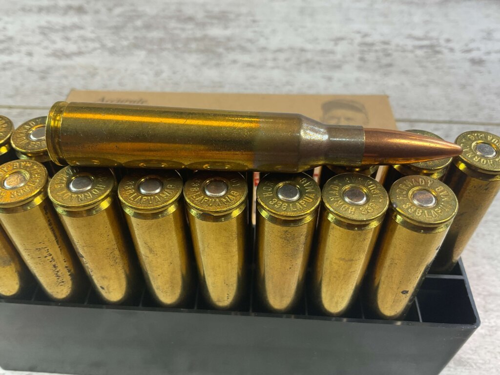 HORNADY CUSTOM 338 LAPUA, 250 GR. BTHP AMMO, FULL BOX, JAMES EARL JONES COLLECTION #5-11232-PF