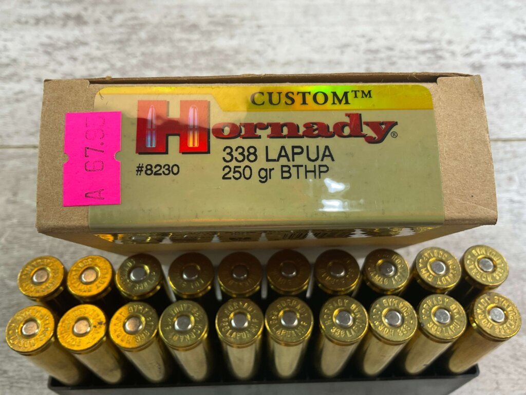 HORNADY CUSTOM 338 LAPUA, 250 GR. BTHP AMMO, FULL BOX, JAMES EARL JONES COLLECTION #5-11232-PF
