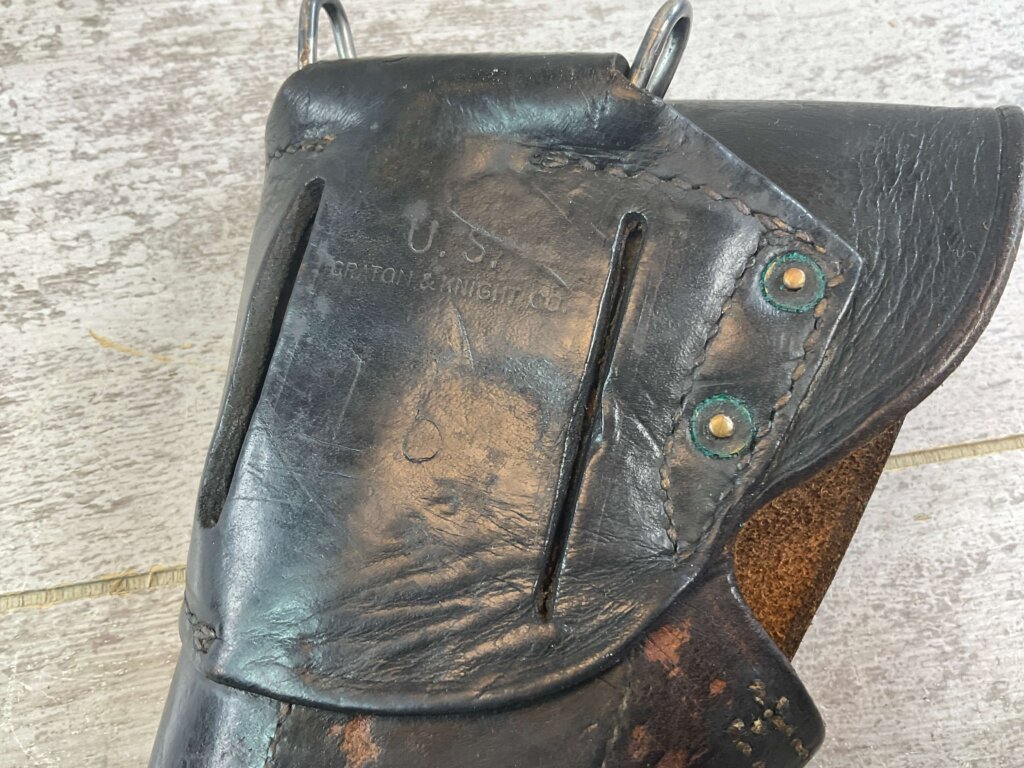 U.S. GRATON & KNIGHT CO. M1916 BLACK LEATHER HOLSTER 1943 DATED, WWII ISSUED #6-07025-PF