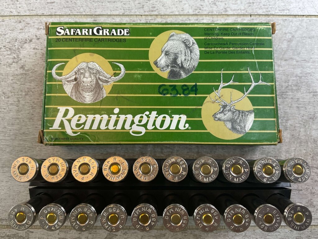 REMINGTON SAFARI GRADE 458 WINCHESTER MAGNUM, 450 GR. SWIFT A-FRAME PTD SP AMMO, FULL BOX, JAMES EARL JONES COLLECTION #5-11262-PF