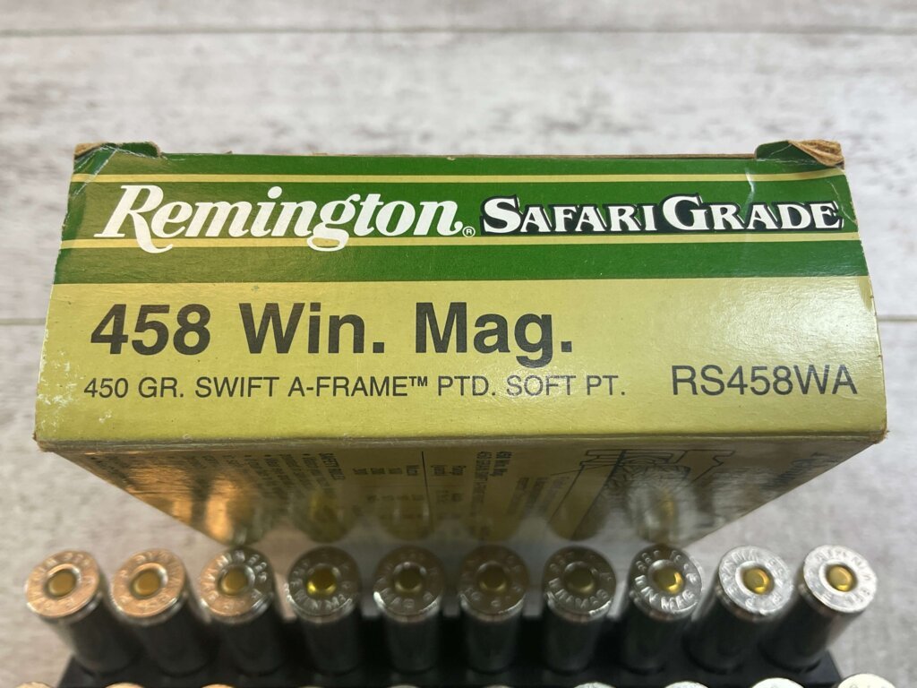 REMINGTON SAFARI GRADE 458 WINCHESTER MAGNUM, 450 GR. SWIFT A-FRAME PTD SP AMMO, FULL BOX, JAMES EARL JONES COLLECTION #5-11262-PF