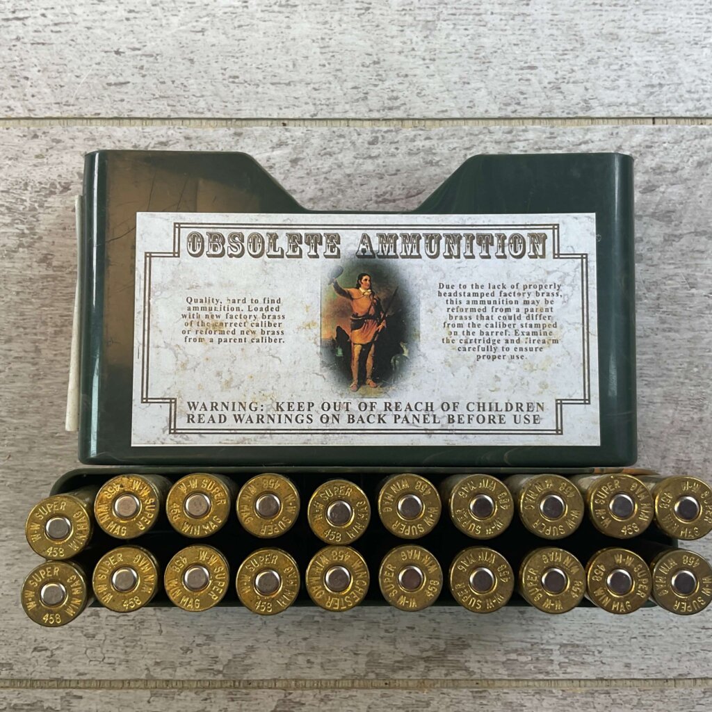 OBSOLETE AMMUNITION 458 WINCHESTER MAGNUM, 500 GR. SP AMMO, FULL BOX, JAMES EARL JONES COLLECTION #5-11265-PF
