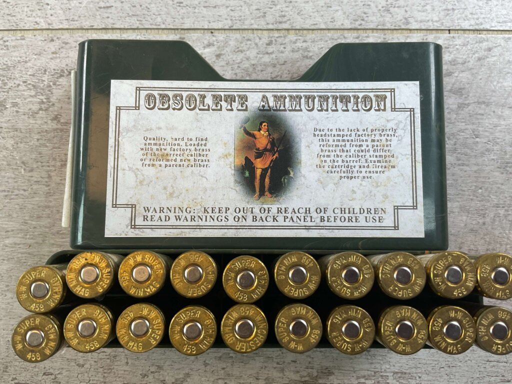 OBSOLETE AMMUNITION 458 WINCHESTER MAGNUM, 500 GR. SP AMMO, FULL BOX, JAMES EARL JONES COLLECTION #5-11265-PF