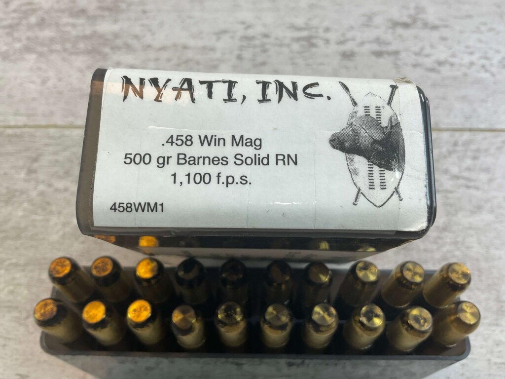 NYATI INC. 458 WINCHESTER MAGNUM, 500 GR. BARNES SOLID RN AMMO, FULL BOX, JAMES EARL JONES COLLECTION #5-11266-PF