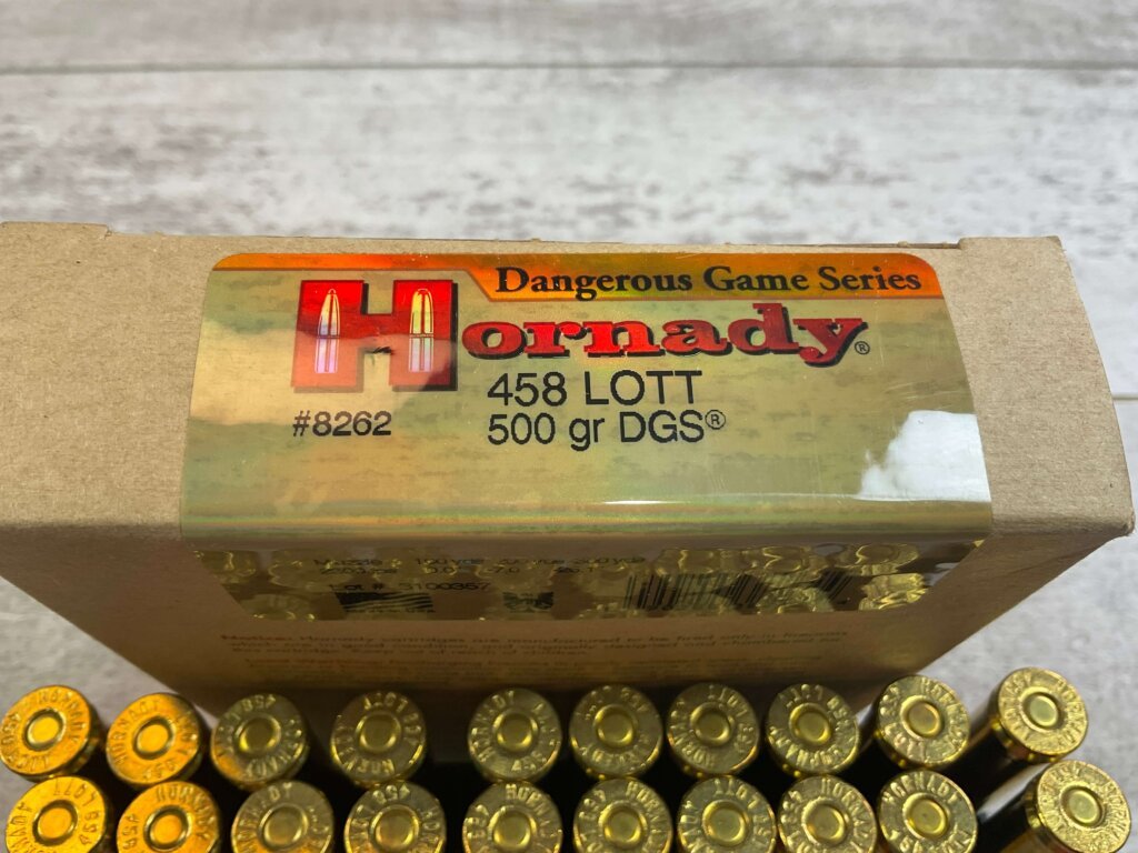 HORNADY DANGEROUS GAME SERIES 458 LOTT, 500 GR. DGS AMMO, FULL BOX, JAMES EARL JONES COLLECTION #5-11270-PF