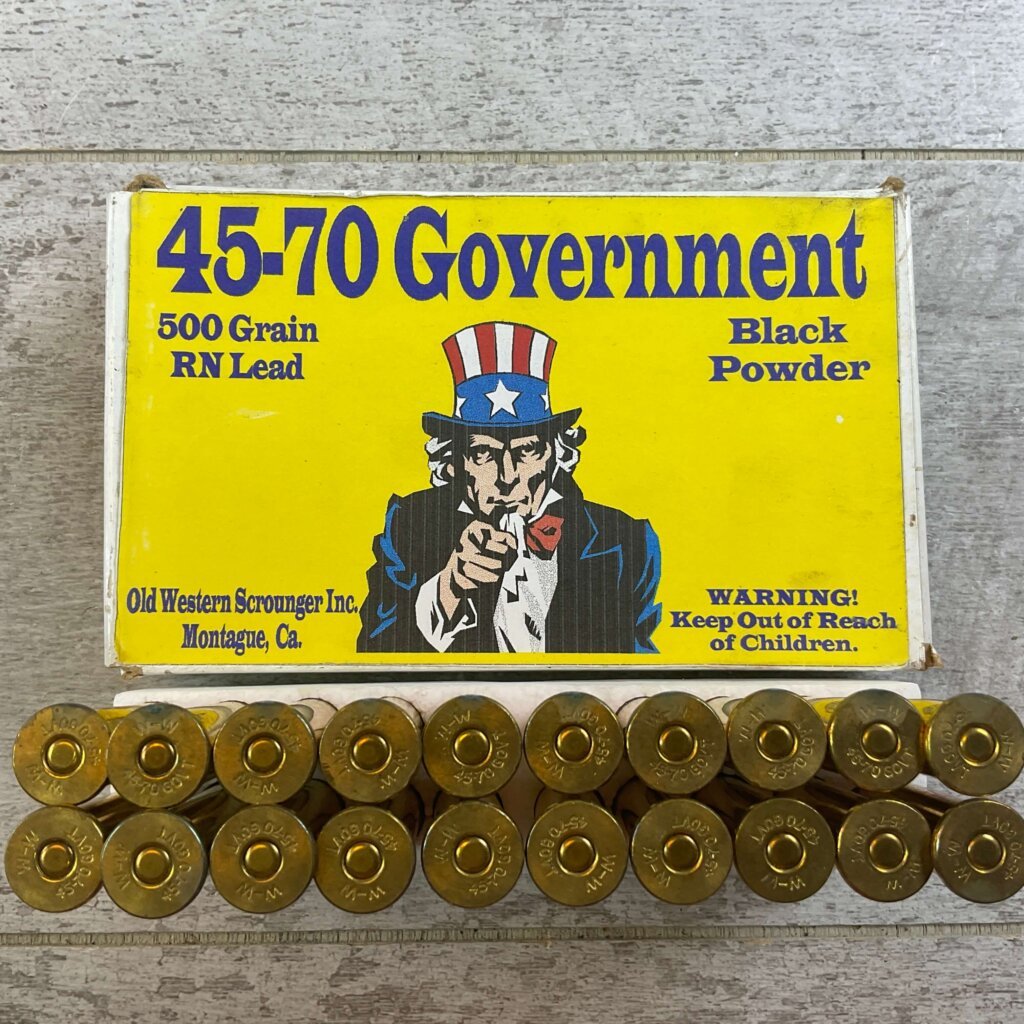 OLD WESTERN SCROUNGER 45-70 GOVT., 500 GR. RN LEAD, BLACK POWDER AMMO, FULL BOX, JAMES EARL JONES COLLECTION #5-11276-PF
