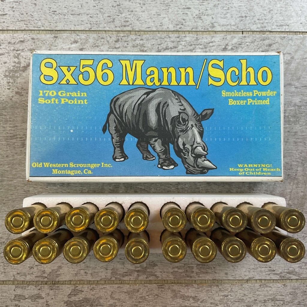 OLD WESTERN SCROUNGER 8X56 MANN/SCHO, 170 GR. SP AMMO, FULL BOX, JAMES EARL JONES COLLECTION #5-11291-PF