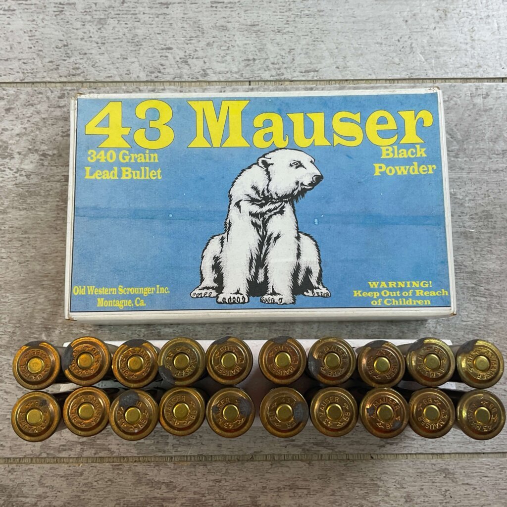 OLD WESTERN SCROUNGER 43 MAUSER, 340 GR. LEAD BULLET AMMO, FULL BOX, JAMES EARL JONES COLLECTION #5-11293-PF