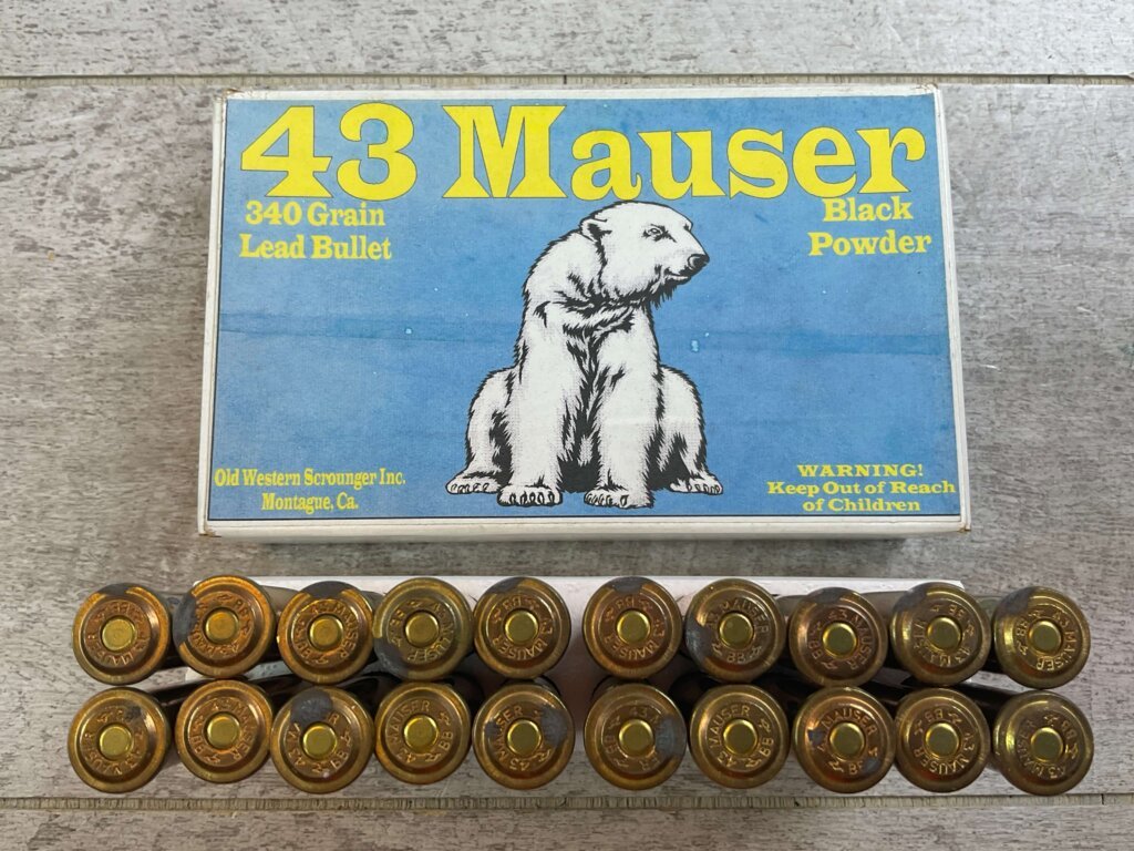 OLD WESTERN SCROUNGER 43 MAUSER, 340 GR. LEAD BULLET AMMO, FULL BOX, JAMES EARL JONES COLLECTION #5-11293-PF