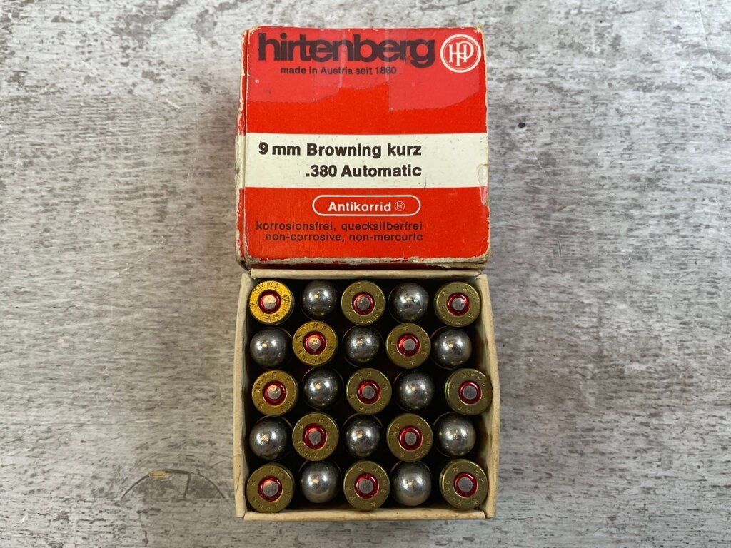 HIRTENBERG 9MM BROWNING KURZ (.380 AUTO), 95 GR. NICKEL PLATED AMMO, FULL BOX, JAMES EARL JONES COLLECTION #5-11302-PF