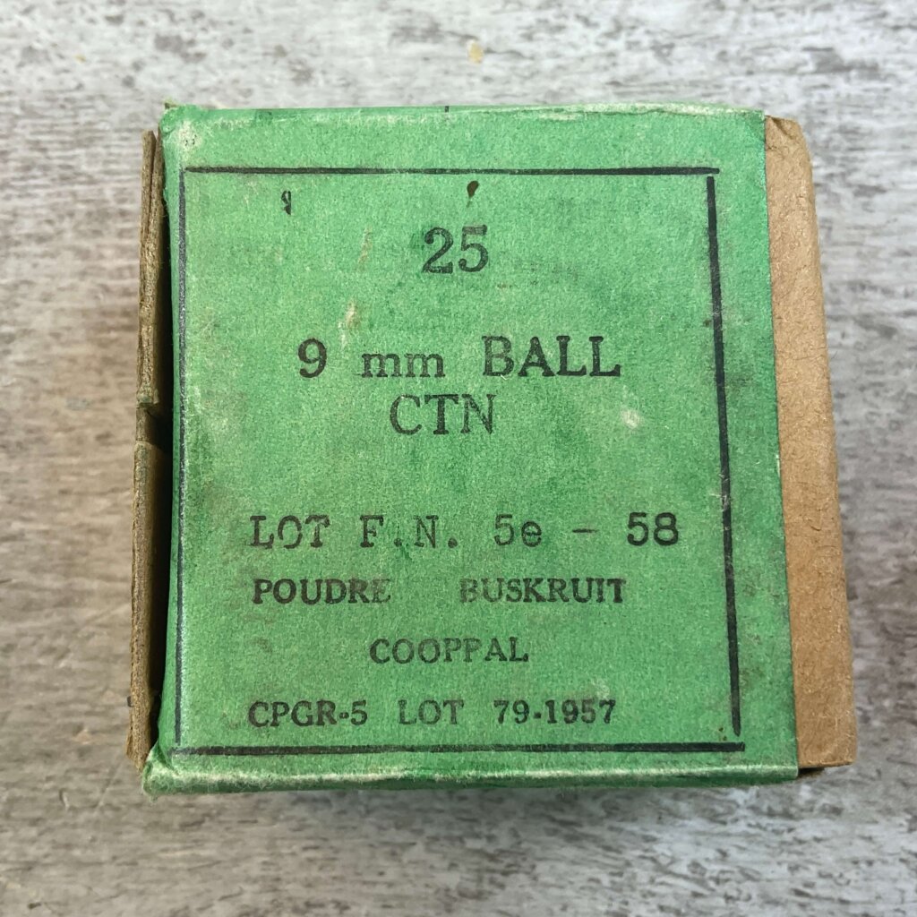FN 9MM BALL AMMO, BELGIUM-MADE IN 1957, FULL BOX, JAMES EARL JONES COLLECTION #5-11303-PF