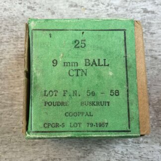 FN 9MM BALL AMMO, BELGIUM-MADE IN 1957, FULL BOX, JAMES EARL JONES COLLECTION #5-11303-PF
