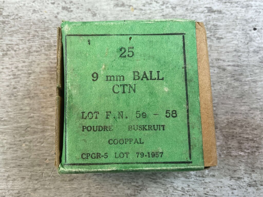 FN 9MM BALL AMMO, BELGIUM-MADE IN 1957, FULL BOX, JAMES EARL JONES COLLECTION #5-11303-PF