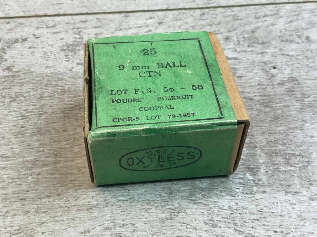 FN 9MM BALL AMMO, BELGIUM-MADE IN 1957, FULL BOX, JAMES EARL JONES COLLECTION #5-11303-PF