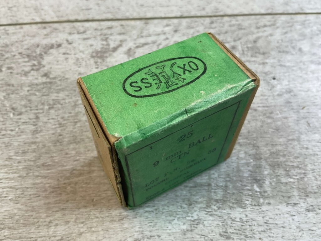 FN 9MM BALL AMMO, BELGIUM-MADE IN 1957, FULL BOX, JAMES EARL JONES COLLECTION #5-11303-PF