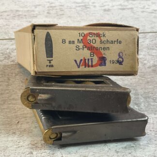 8MM M.30 SCHARFE S-PATRONEN ROTTW. GERMAN WWII NAZI WAFFENAMT STAMPED AMMO, 10/BOX #5-11312-PF