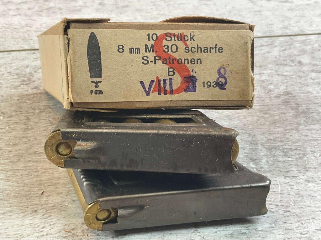 8MM M.30 SCHARFE S-PATRONEN ROTTW. GERMAN WWII NAZI WAFFENAMT STAMPED AMMO, 10/BOX #5-11312-PF