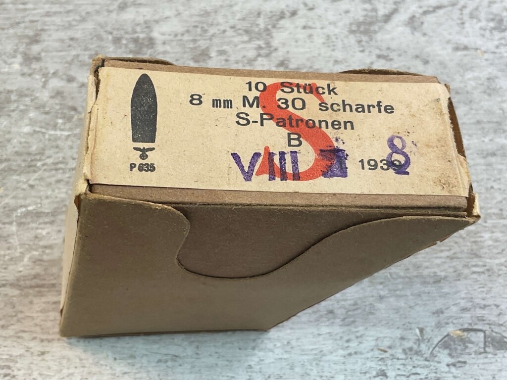 8MM M.30 SCHARFE S-PATRONEN ROTTW. GERMAN WWII NAZI WAFFENAMT STAMPED AMMO, 10/BOX #5-11312-PF