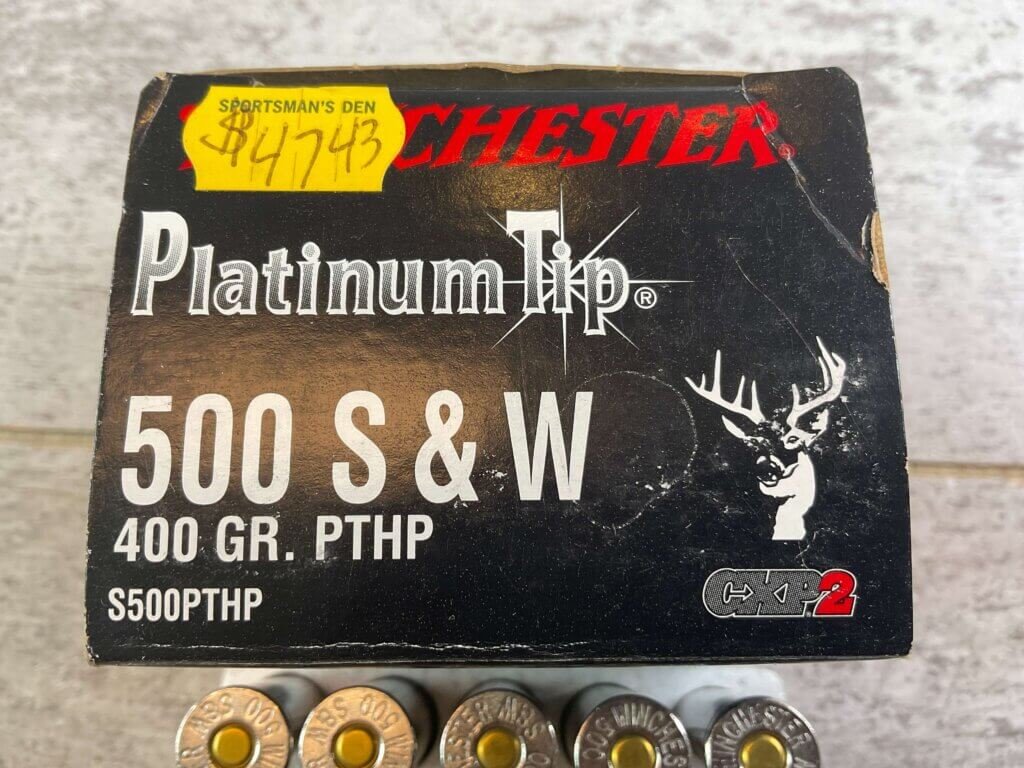 WINCHESTER 500 S&W 400 GR. PTHP PLATINUM TIP AMMO, FULL BOX OF 20