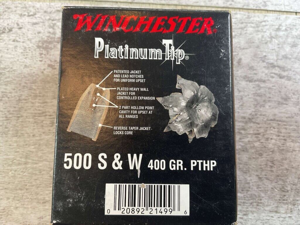 WINCHESTER 500 S&W 400 GR. PTHP PLATINUM TIP AMMO, FULL BOX OF 20