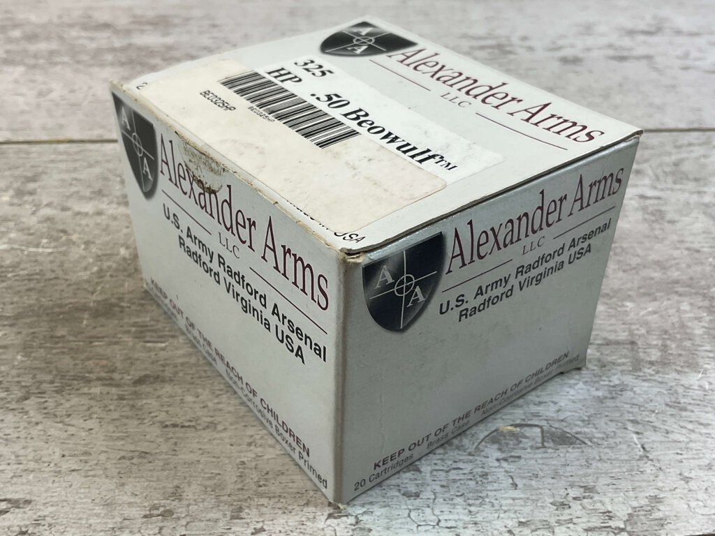 ALEXANDER ARMS .50 BEOWULF, 325 GR. HP SPEER AMMO, FULL BOX (QTY 20), JAMES EARL JONES COLLECTION #5-11328-PF