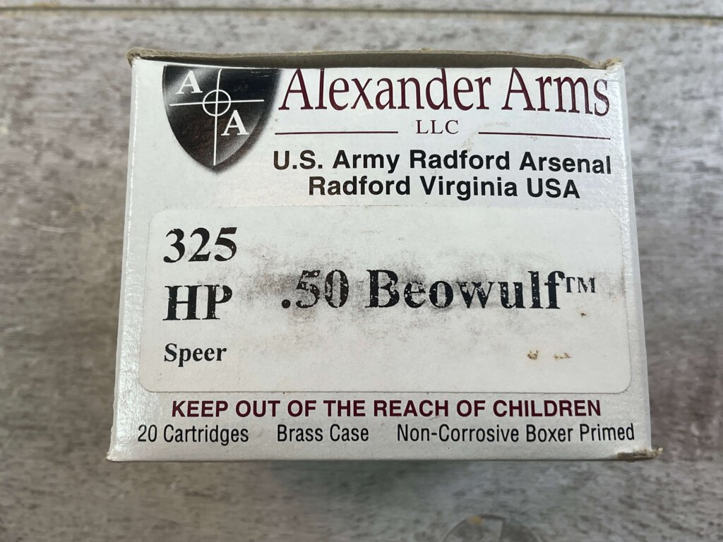 ALEXANDER ARMS .50 BEOWULF, 325 GR. HP SPEER AMMO, FULL BOX (QTY 20), JAMES EARL JONES COLLECTION #5-11328-PF